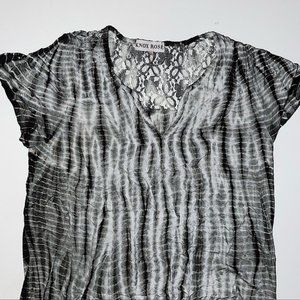 Knox Rose Tie Dye Shirt Floral Lace Cutout in Back sz L Large EUC Gray and White